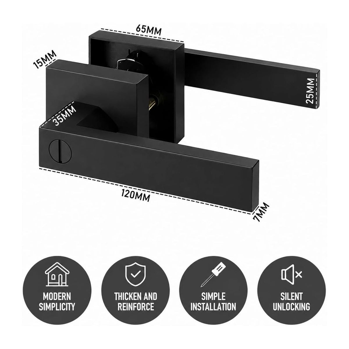 Matte Black Keyless Privacy Door Lever Handles, 2 Pack Heavy Duty Interior Door Lockset, Adjustable 60/70mm Backset, Reversible for Bedroom Bathroom Home Office