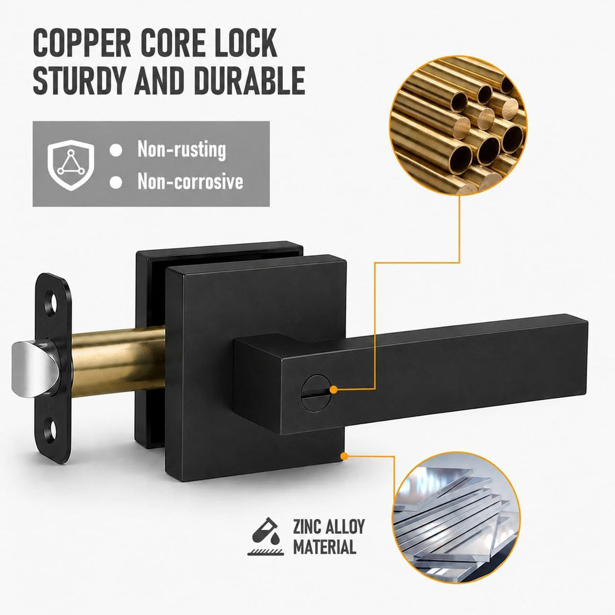 Matte Black Keyless Privacy Door Lever Handles, 2 Pack Heavy Duty Interior Door Lockset, Adjustable 60/70mm Backset, Reversible for Bedroom Bathroom Home Office