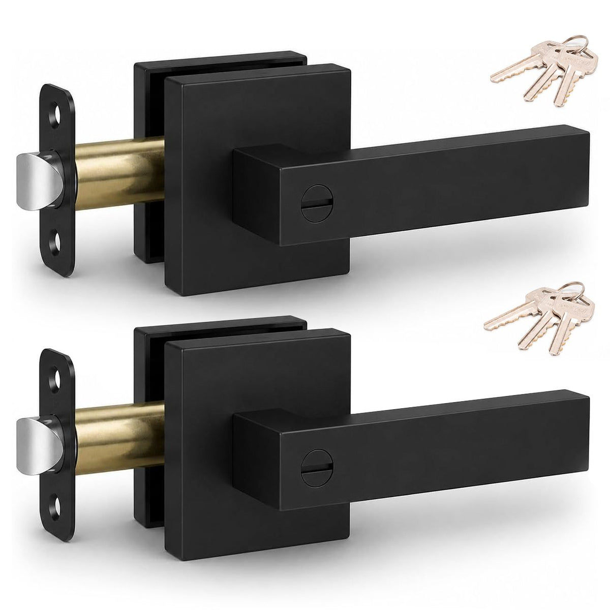 Matte Black Privacy Door Lever Handles with Keys, 2 Pack Heavy Duty Interior Door Lockset, Adjustable 60/70mm Backset, Reversible for Bedroom Bathroom Home Office