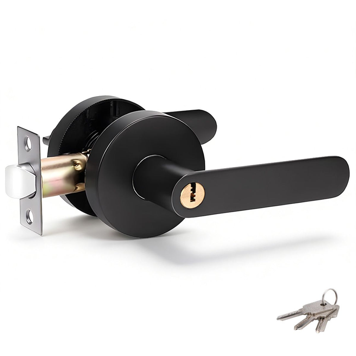 Privacy Door Lever Handle with Key, Heavy Duty Interior Door Lock, Round Design, 1 Pack, Matte Black