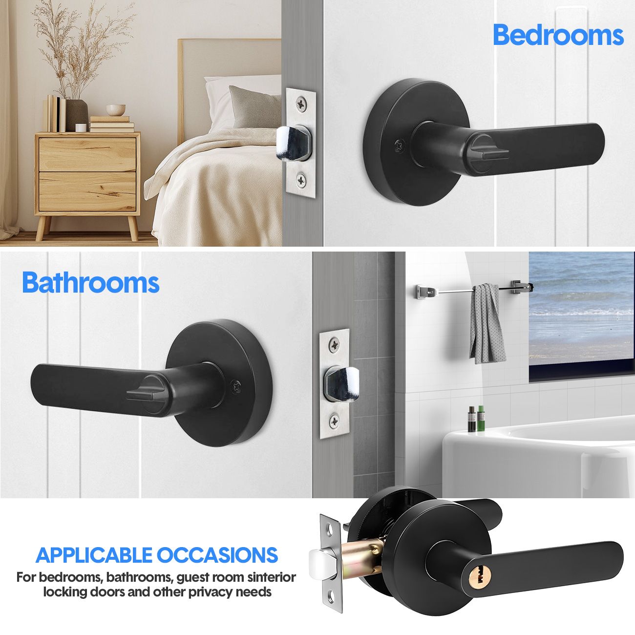 Privacy Door Lever Handle with Key, Heavy Duty Interior Door Lock, Round Design, 1 Pack, Matte Black