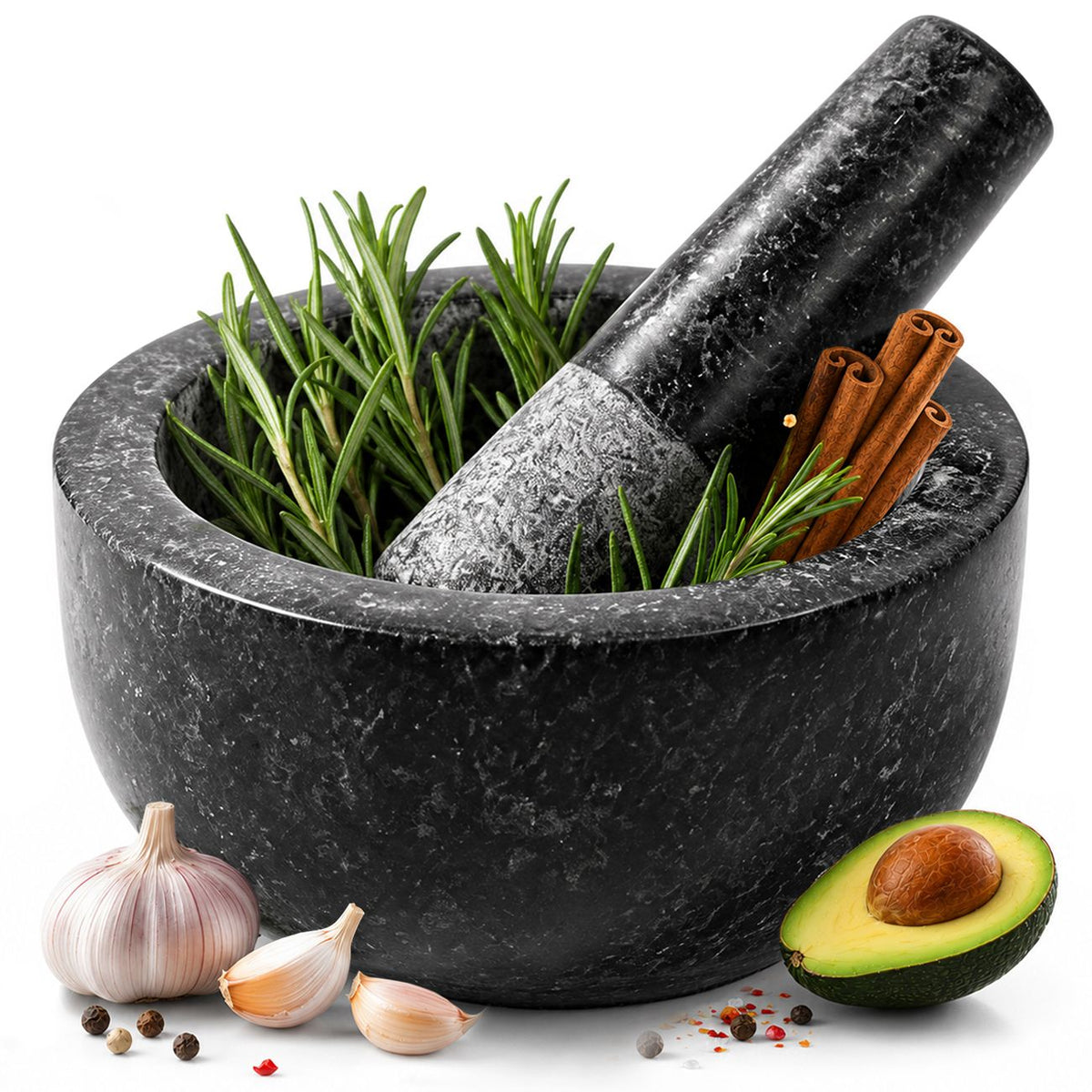 Granite Mortar and Pestle Set, 450ml Heavy Duty Stone Grinder Bowl with 17.5cm Pestle, Black, Manual Spice Grinder for Guacamole, Salsa, Pesto, Herbs, Spices, Nuts &amp; Seeds