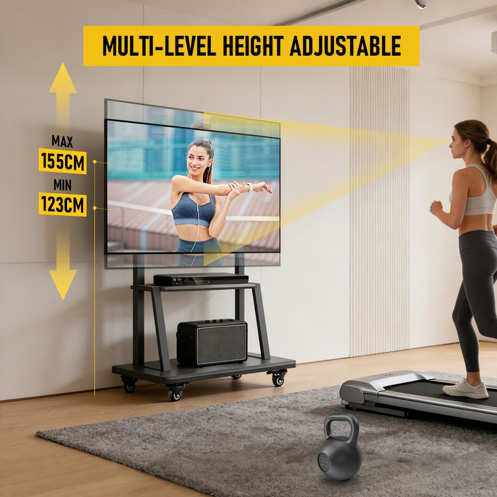 TV Stand for 32–70 Inch TVs with Projector Shelf, Lockable Wheels, Adjustable Height, Cable Management, Freestanding Steel Frame TV Cart Rolling Floor Stand For 32-70 Inch LCD LED OLED Flat Panel Screens Smartboard Movable Holds Up To 100lbs With Shelf Lo