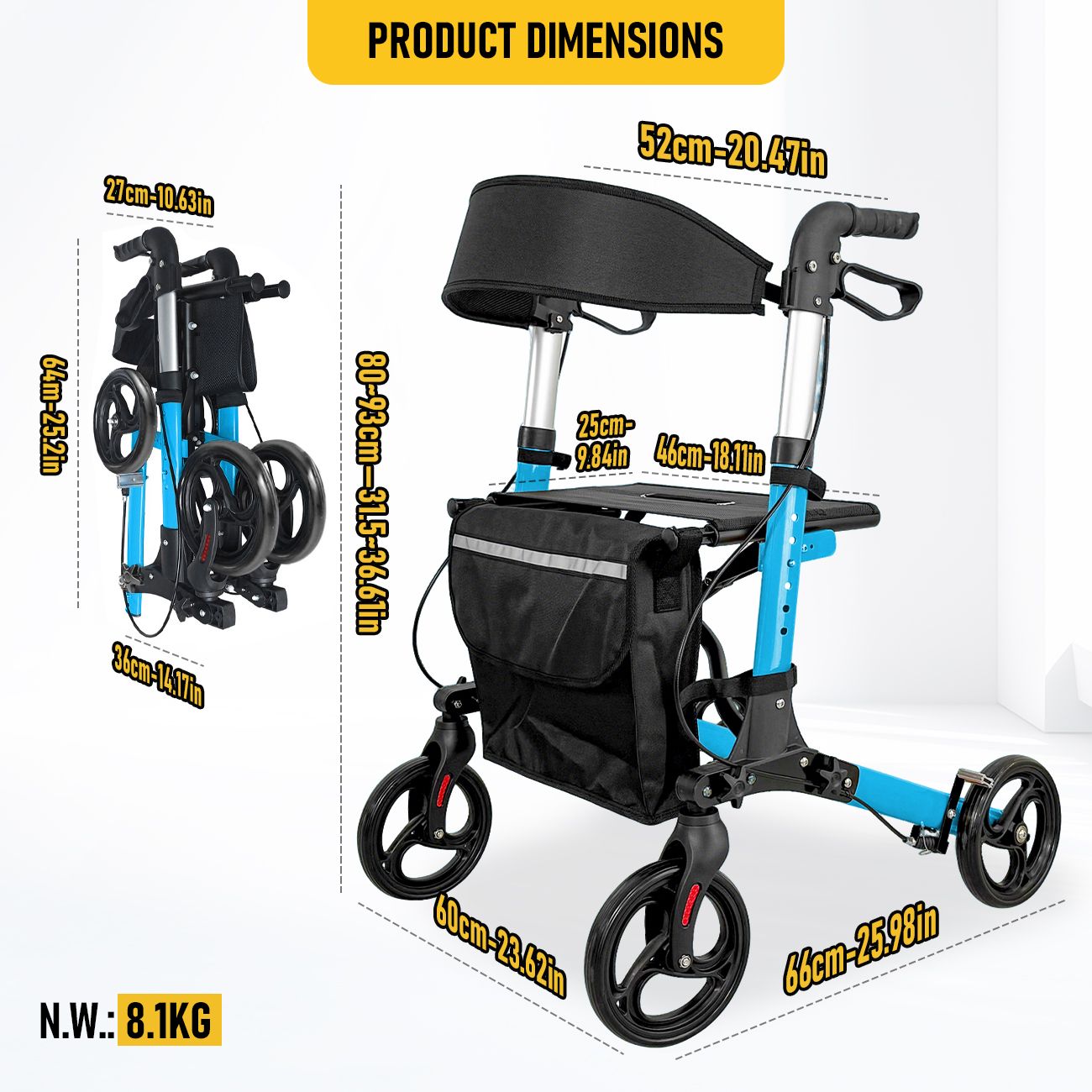 Foldable Aluminium Rollator Walker With Seat & Storage Bag, Adjustable Handles, 8" Wheels, Lightweight Walking Frame(66x60x93cm)