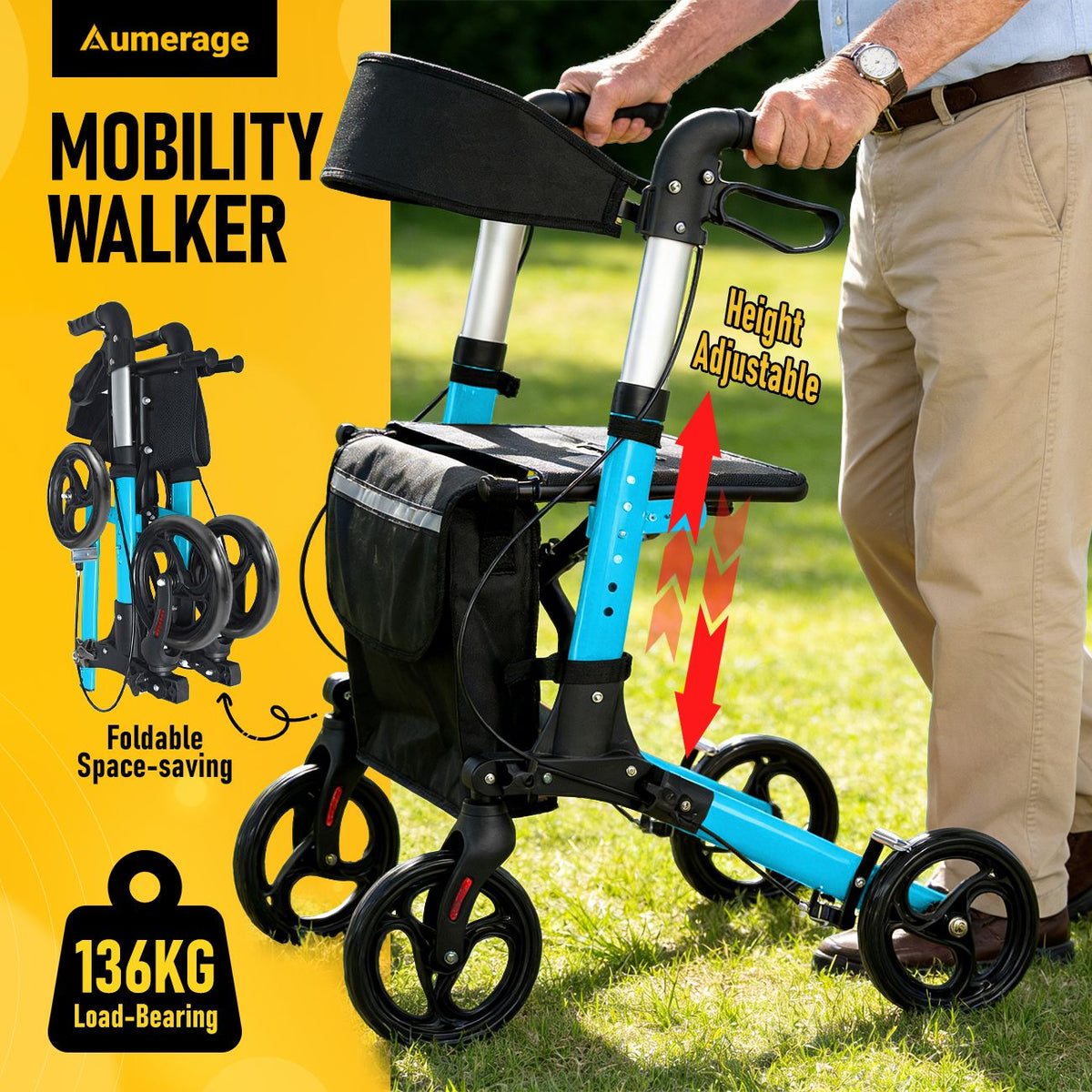 Foldable Aluminium Rollator Walker With Seat & Storage Bag, Adjustable Handles, 8" Wheels, Lightweight Walking Frame(66x60x93cm)