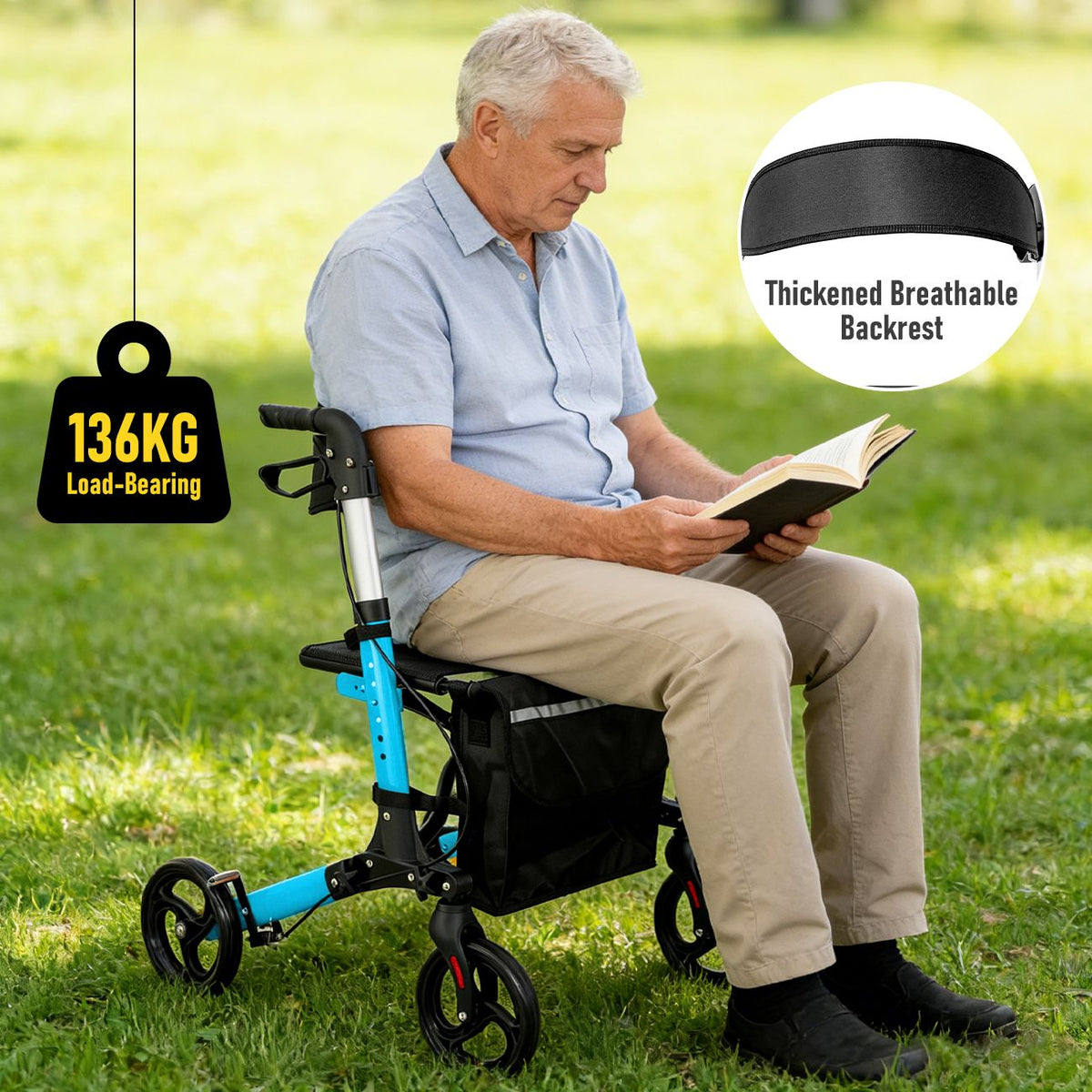 Foldable Aluminium Rollator Walker With Seat & Storage Bag, Adjustable Handles, 8" Wheels, Lightweight Walking Frame(66x60x93cm)
