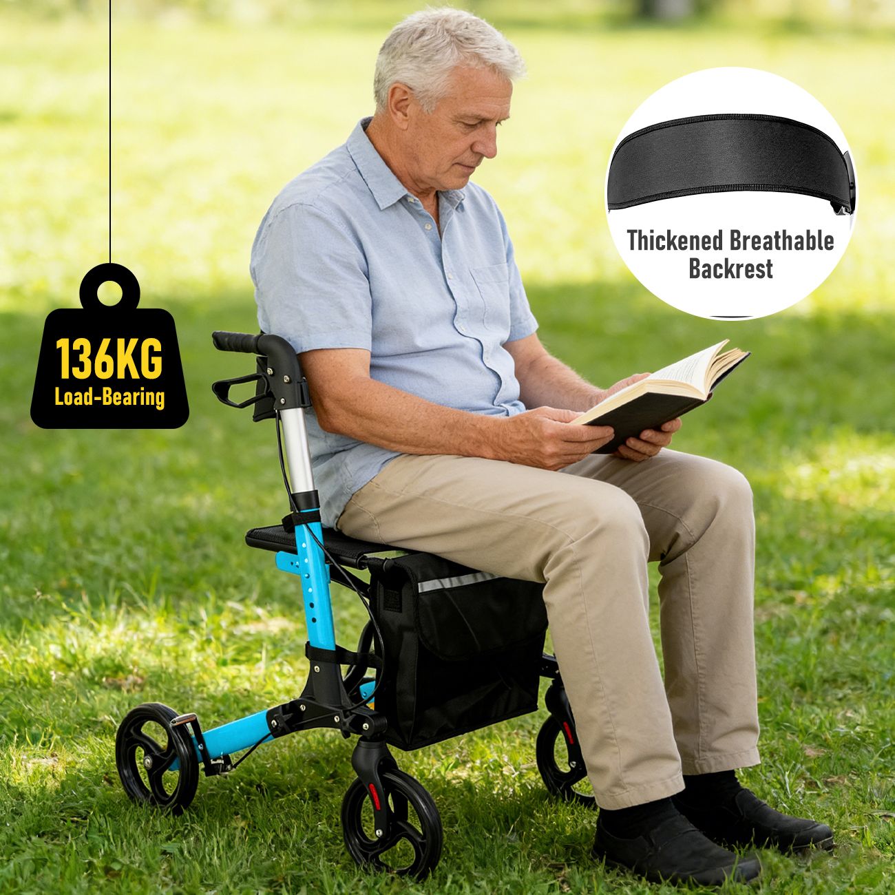 Foldable Aluminium Rollator Walker With Seat & Storage Bag, Adjustable Handles, 8" Wheels, Lightweight Walking Frame(66x60x93cm)