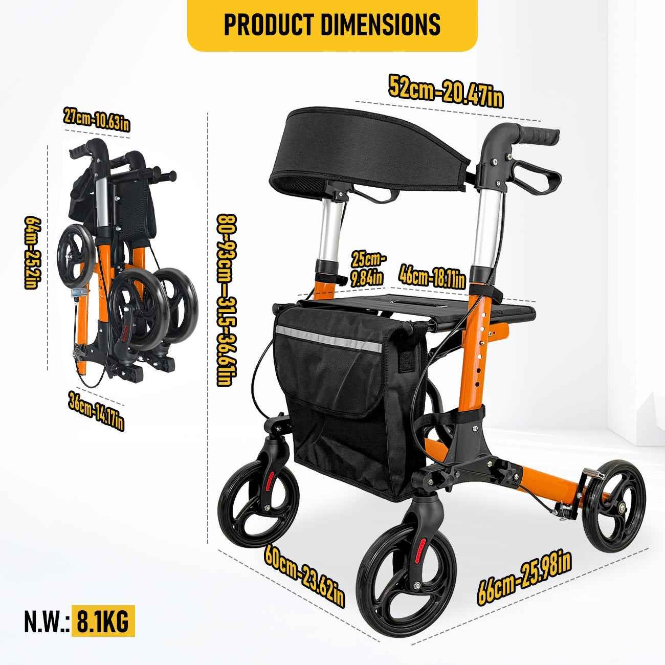 Foldable Aluminium Rollator Walker With Seat & Storage Bag, Adjustable Handles, 8" Wheels, Lightweight Walking Frame(66x60x93cm)