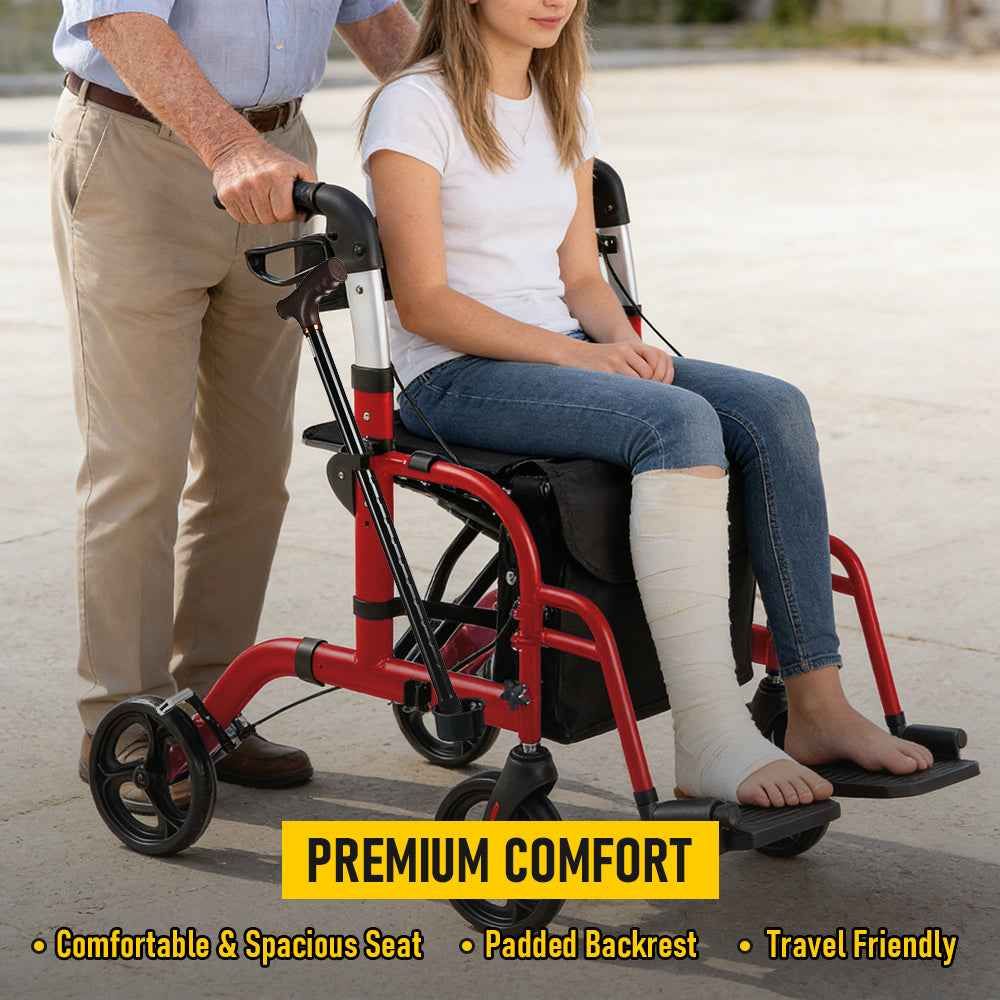 2-in-1 Foldable Aluminium Rollator Walker with Seat, Adjustable Handles, Storage Bag, 136kg Capacity(97x85x95cm)
