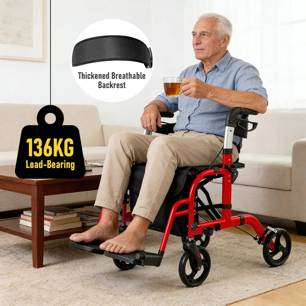 2-in-1 Foldable Aluminium Rollator Walker with Seat, Adjustable Handles, Storage Bag, 136kg Capacity(97x85x95cm)