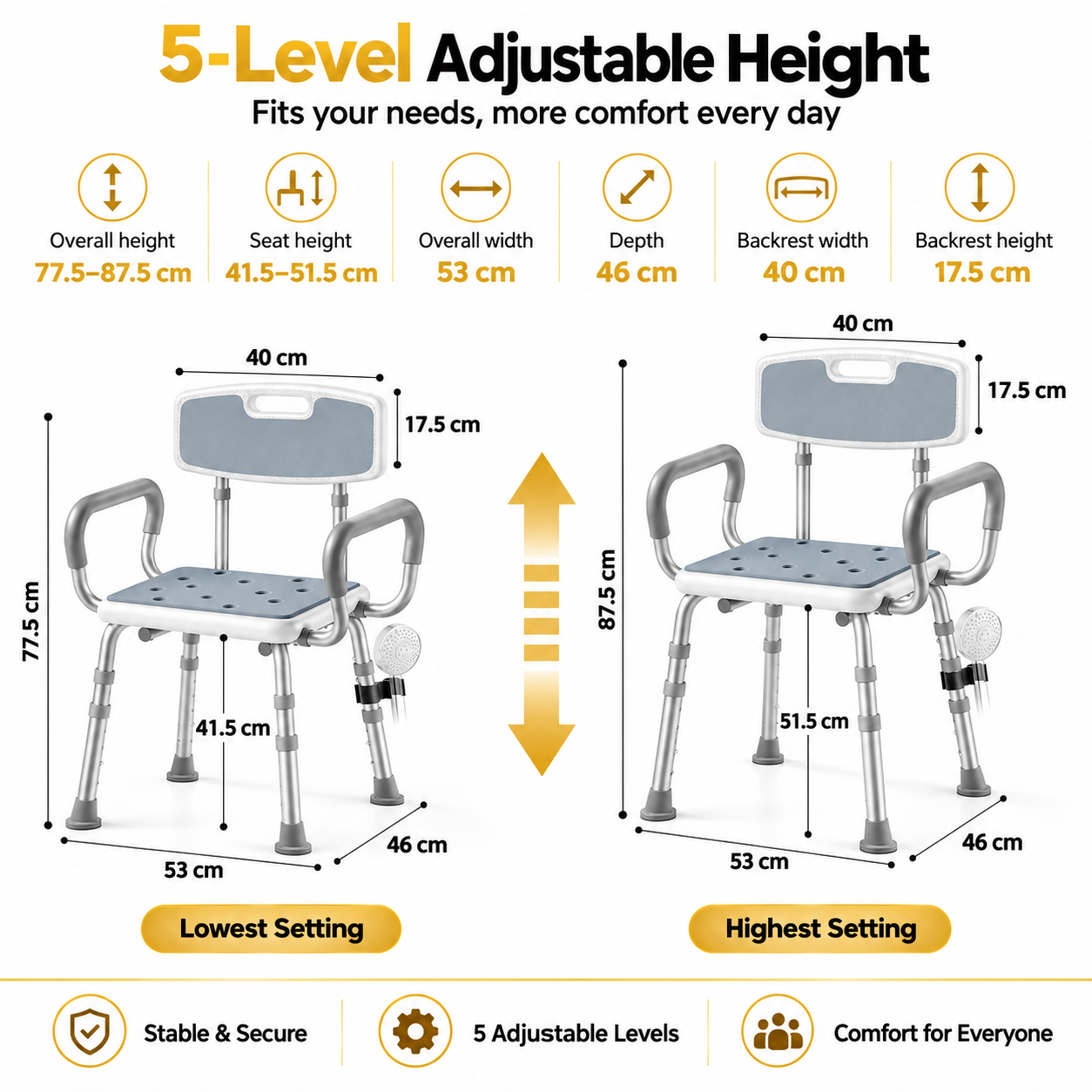 Height Adjustable Shower Chair with Arms & Back, Aluminium Bathroom Seat, 136kg Capacity