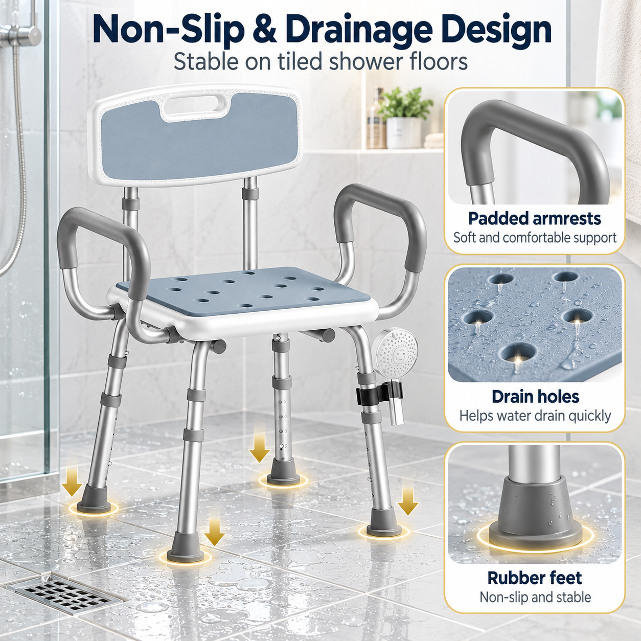 Height Adjustable Shower Chair with Arms & Back, Aluminium Bathroom Seat, 136kg Capacity