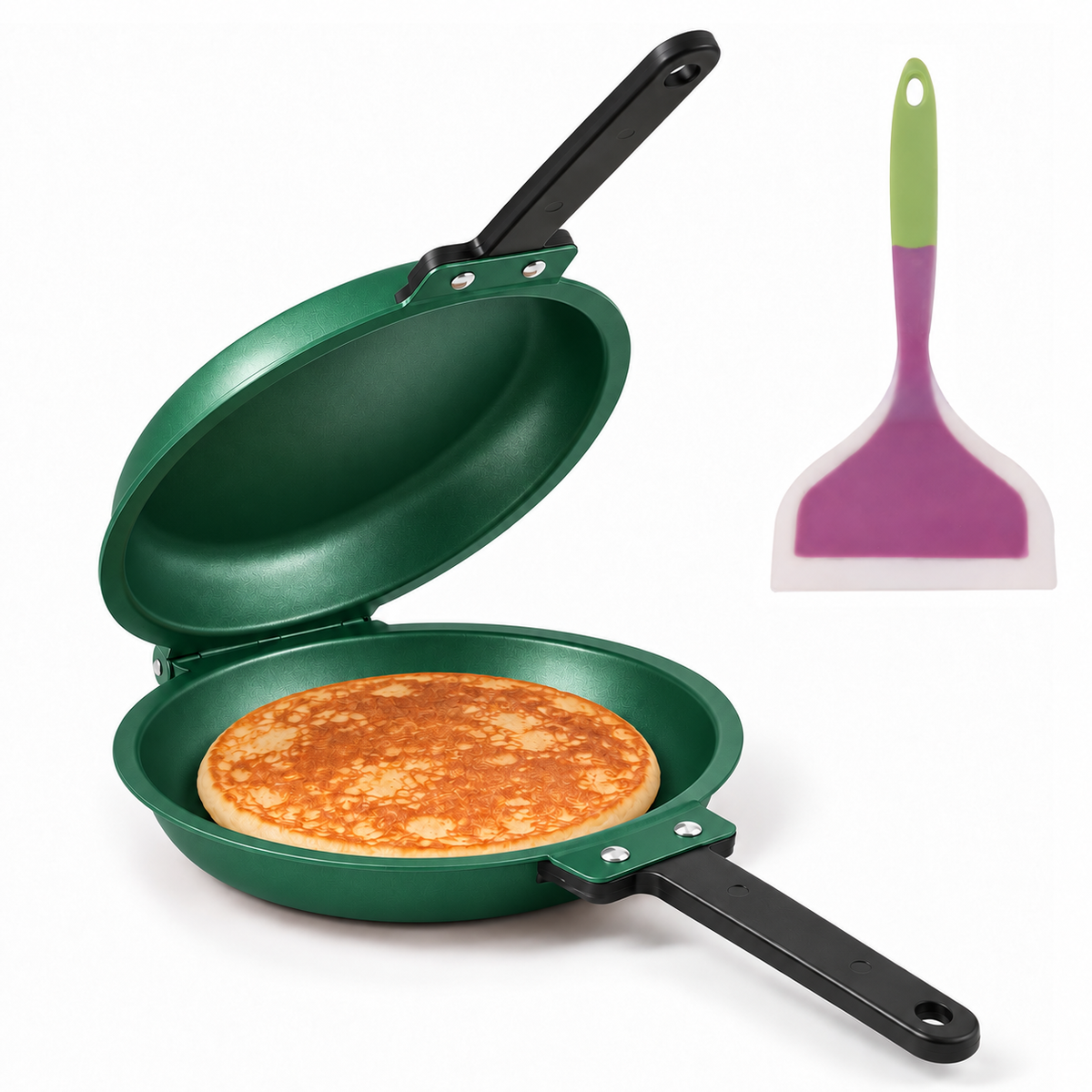 Double-Sided Non-Stick Frying Pan, Flip Pancake Pan with Heat-Resistant Handle for Eggs, Pancakes &amp; Toast, Gas Electric &amp; Ceramic Stoves-Green
