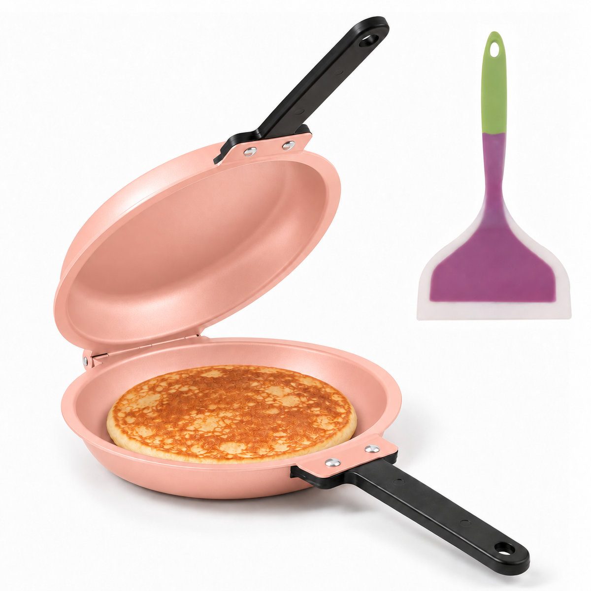 Double-Sided Non-Stick Frying Pan, Flip Pancake Pan with Heat-Resistant Handle for Eggs, Pancakes &amp; Toast, Gas Electric &amp; Ceramic Stoves-Pink