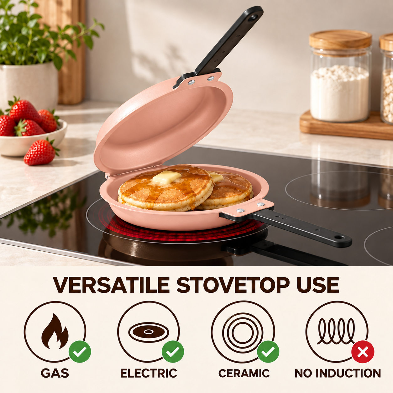 Double-Sided Non-Stick Frying Pan, Flip Pancake Pan with Heat-Resistant Handle for Eggs, Pancakes & Toast, Gas Electric & Ceramic Stoves-Pink