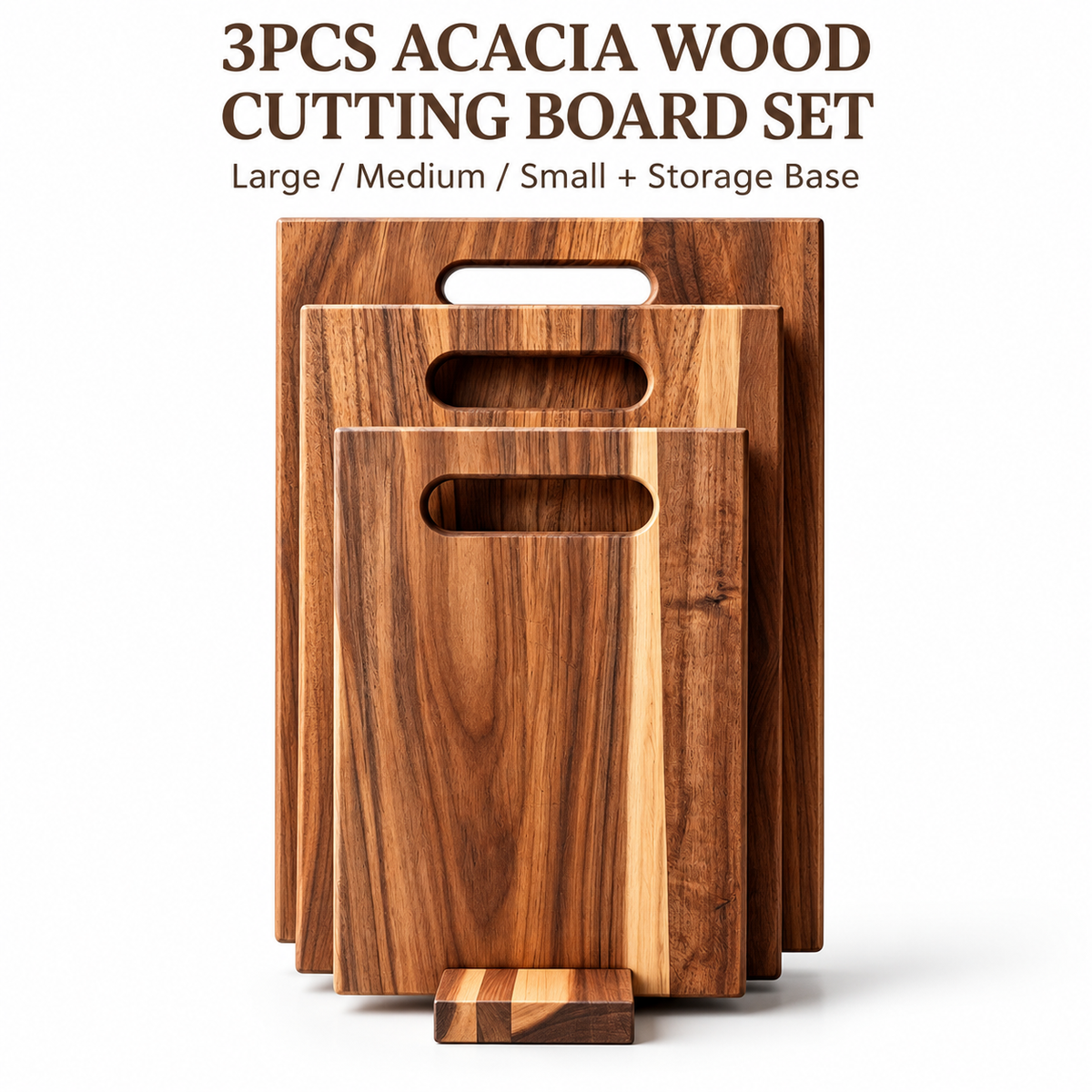 3Pcs Wooden Cutting Board Set with Storage Stand, Chopping Boards for Kitchen Food Preparation
