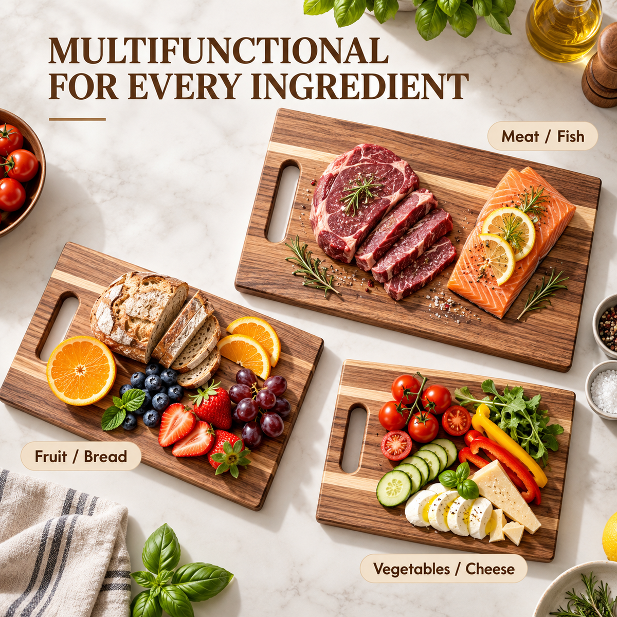 3Pcs Wooden Cutting Board Set with Storage Stand, Chopping Boards for Kitchen Food Preparation