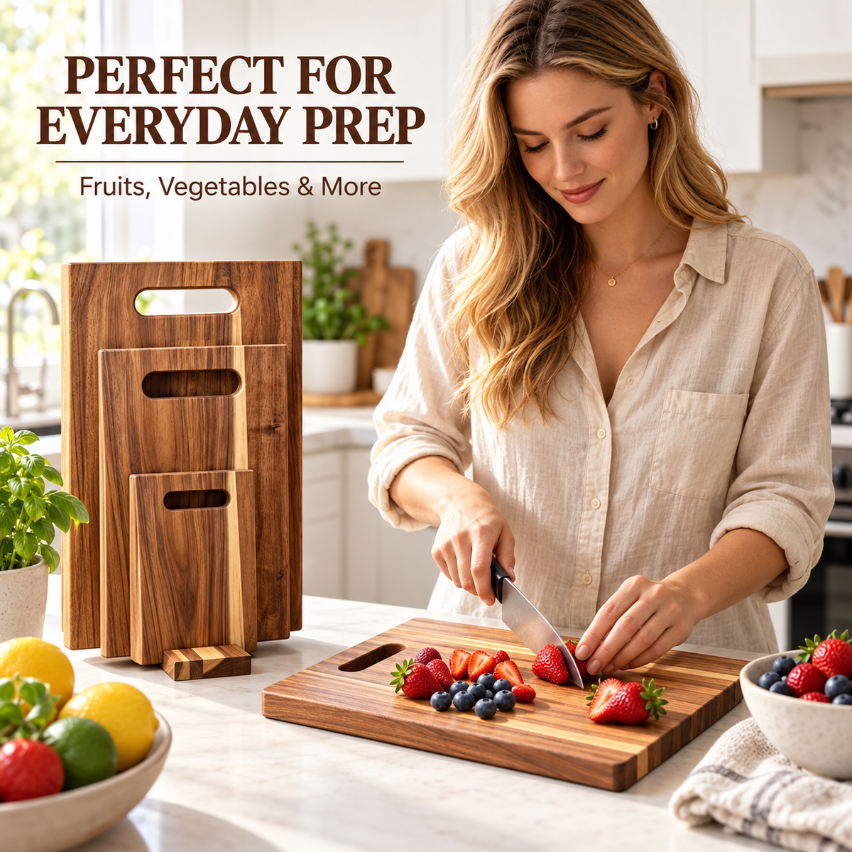 3Pcs Wooden Cutting Board Set with Storage Stand, Chopping Boards for Kitchen Food Preparation