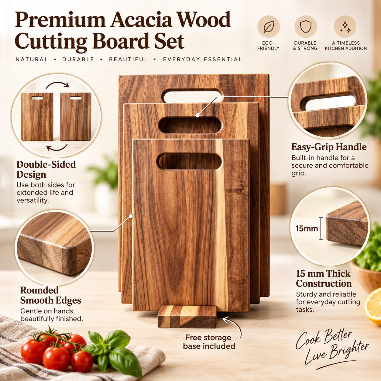 3Pcs Wooden Cutting Board Set with Storage Stand, Chopping Boards for Kitchen Food Preparation