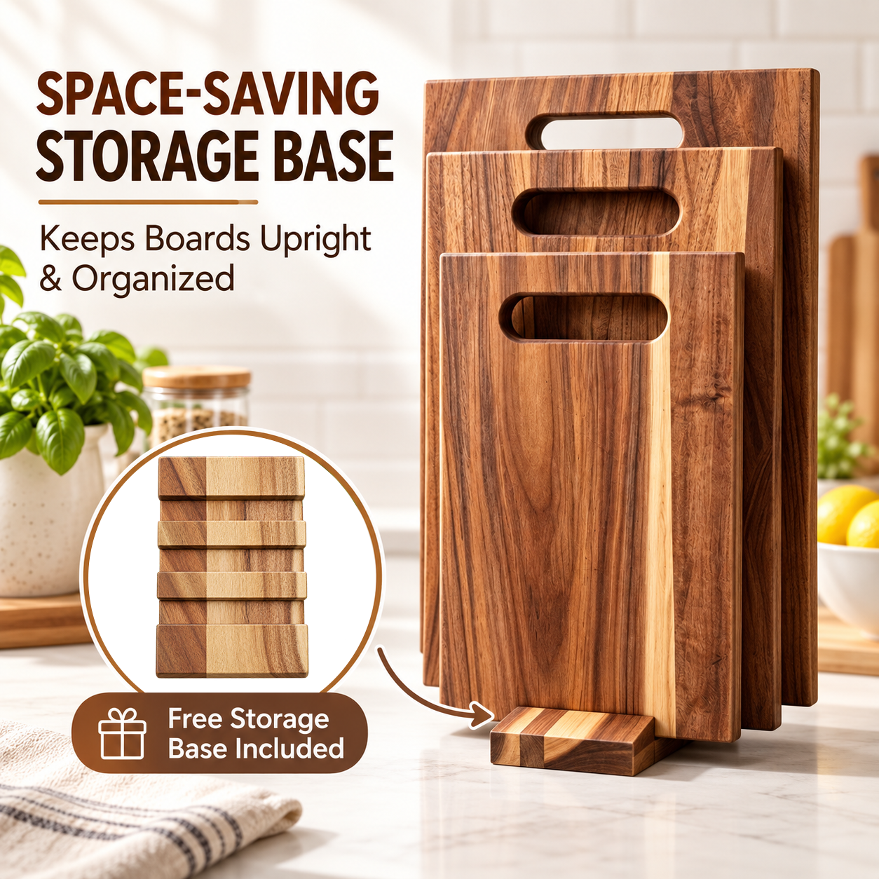3Pcs Wooden Cutting Board Set with Storage Stand, Chopping Boards for Kitchen Food Preparation