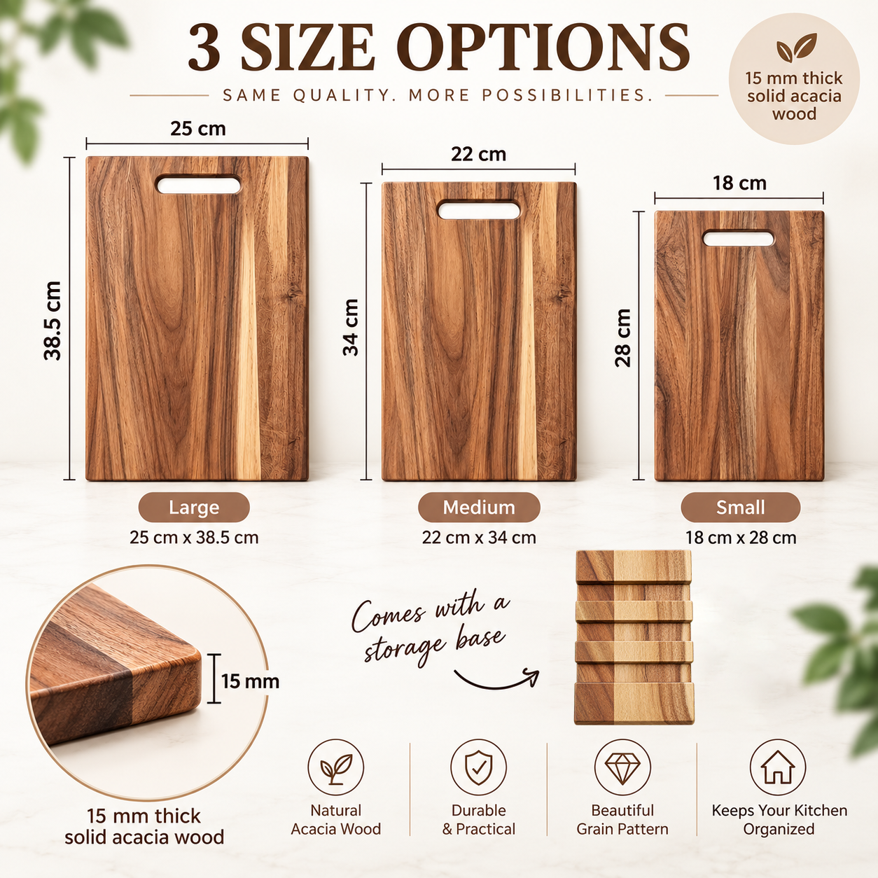 3Pcs Wooden Cutting Board Set with Storage Stand, Chopping Boards for Kitchen Food Preparation