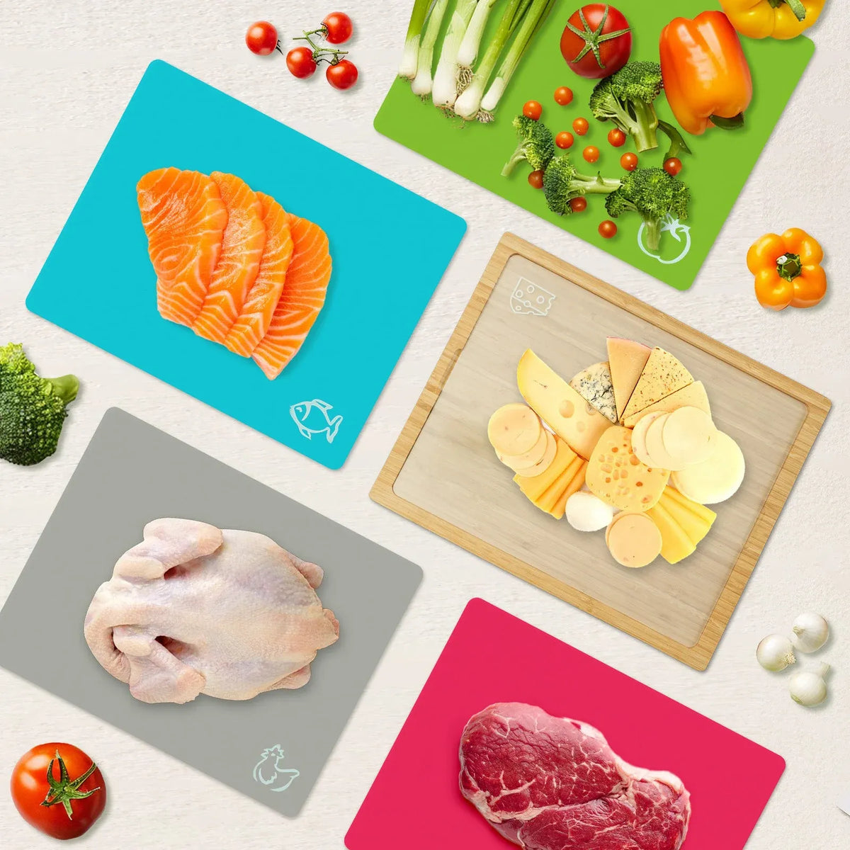 Bamboo Chopping Board with 5 Pcs Color-Coded Flexible Cutting Mats