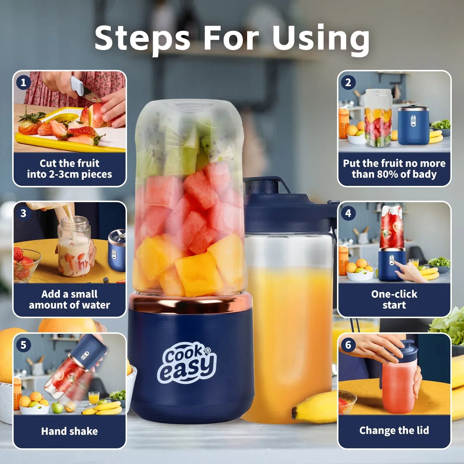 400ml USB-C Rechargeable Portable Juicer with Travel Lid – Personal Blender for Smoothies & Shakes