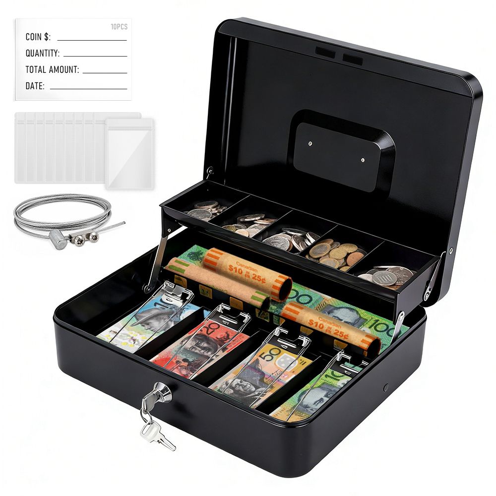 Lockable Metal Cash Box with 2 Keys, 4 Bill &amp; 5 Coin Tray, Security Money Box with Anti-Loss Rope