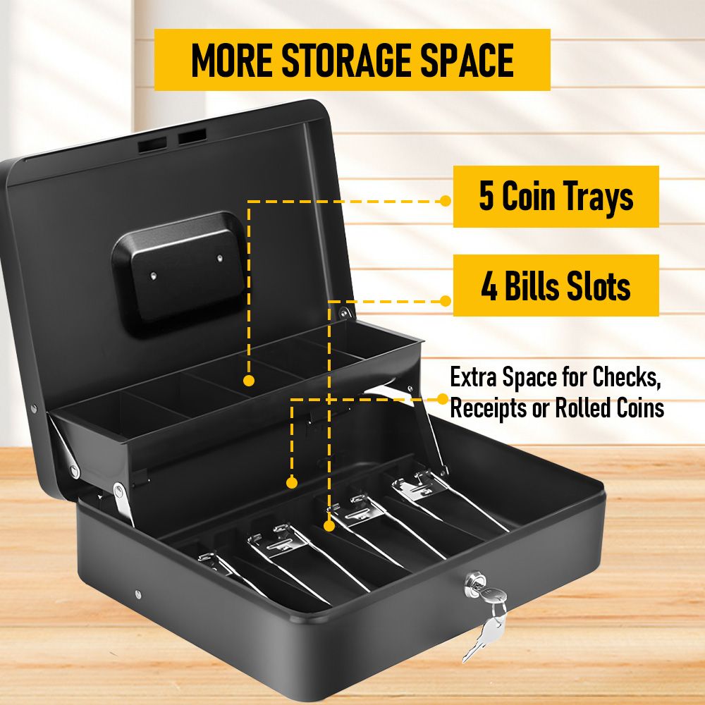 Lockable Metal Cash Box with 2 Keys, 4 Bill & 5 Coin Tray, Security Money Box with Anti-Loss Rope