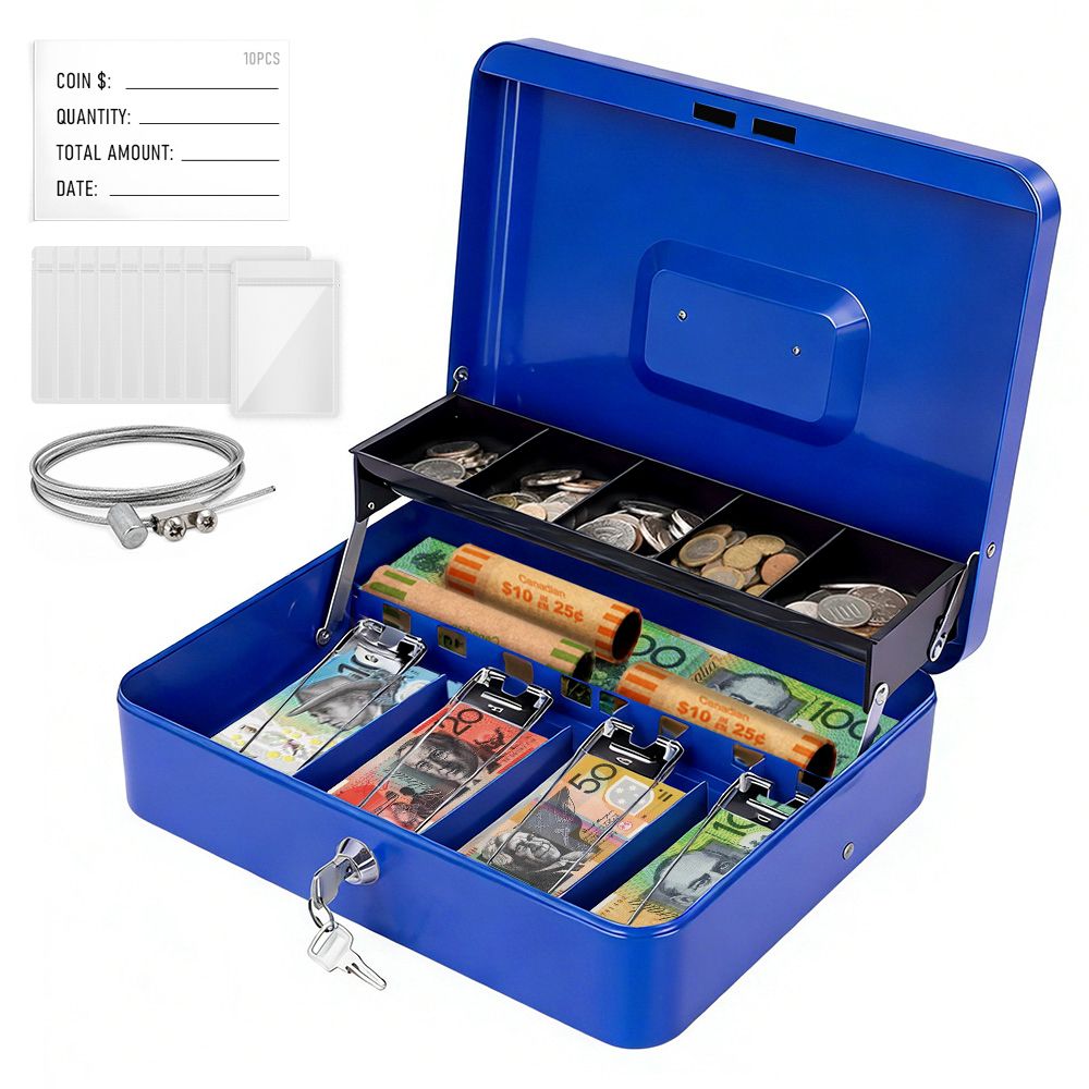 Lockable Metal Cash Box with 2 Keys, 4 Bill &amp; 5 Coin Tray, Security Money Box with Anti-Loss Rope