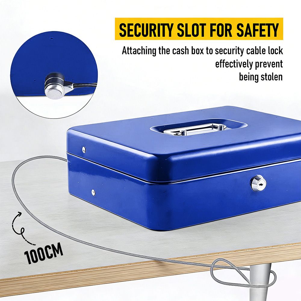 Lockable Metal Cash Box with 2 Keys, 4 Bill & 5 Coin Tray, Security Money Box with Anti-Loss Rope