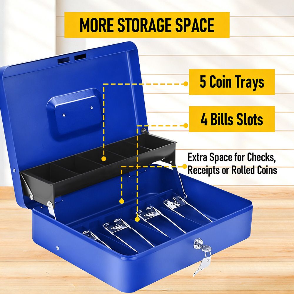 Lockable Metal Cash Box with 2 Keys, 4 Bill & 5 Coin Tray, Security Money Box with Anti-Loss Rope