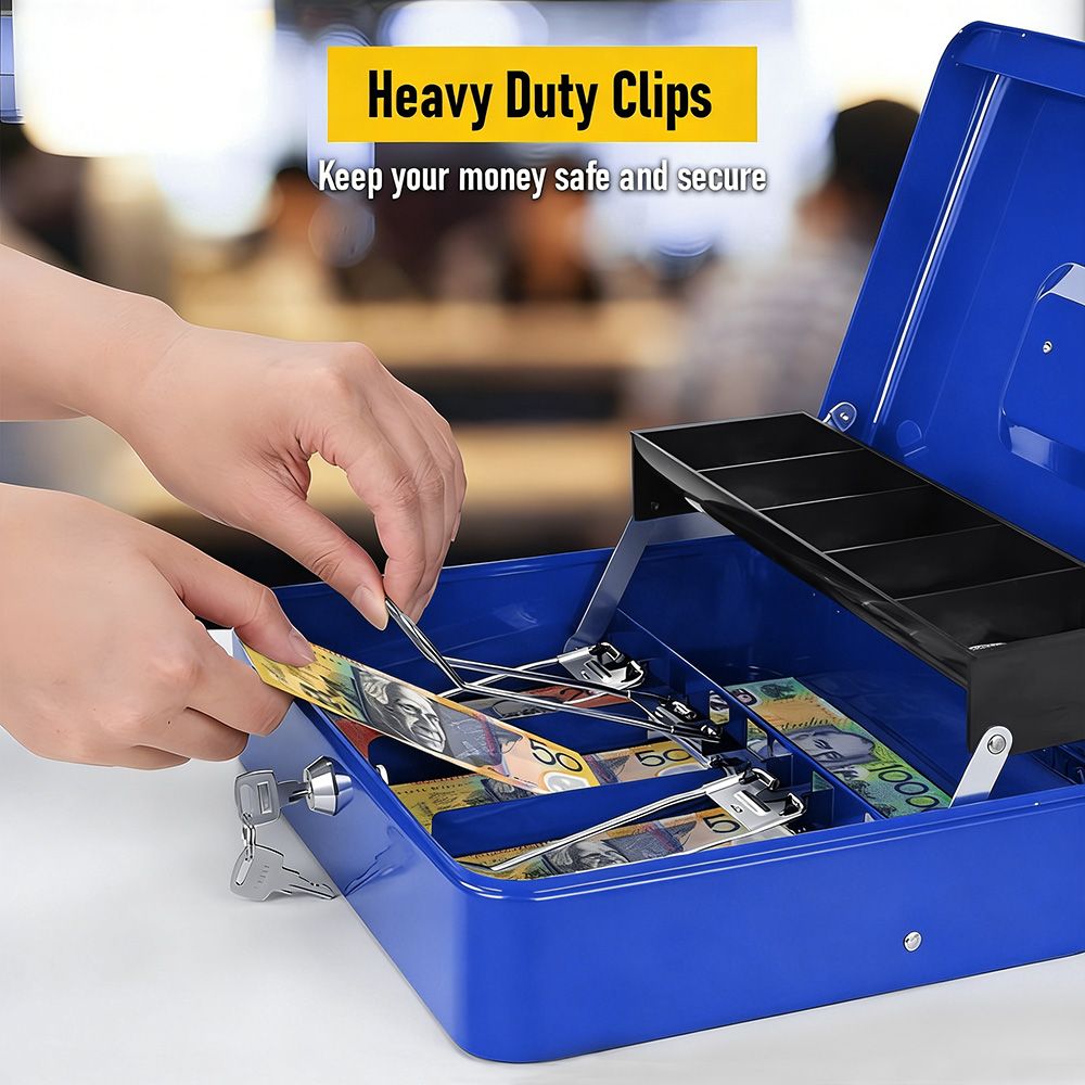 Lockable Metal Cash Box with 2 Keys, 4 Bill & 5 Coin Tray, Security Money Box with Anti-Loss Rope