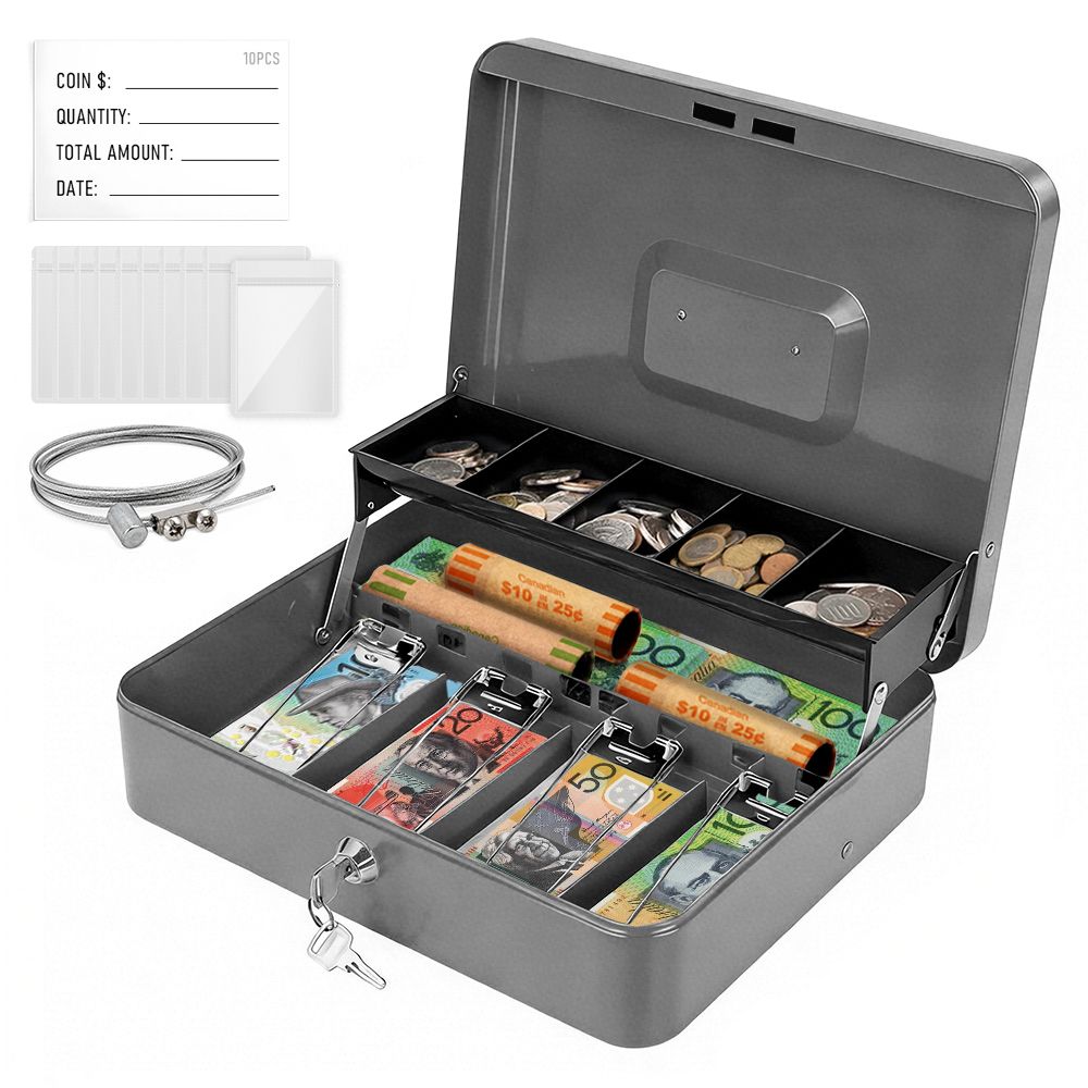Lockable Metal Cash Box with 2 Keys, 4 Bill &amp; 5 Coin Tray, Security Money Box with Anti-Loss Rope