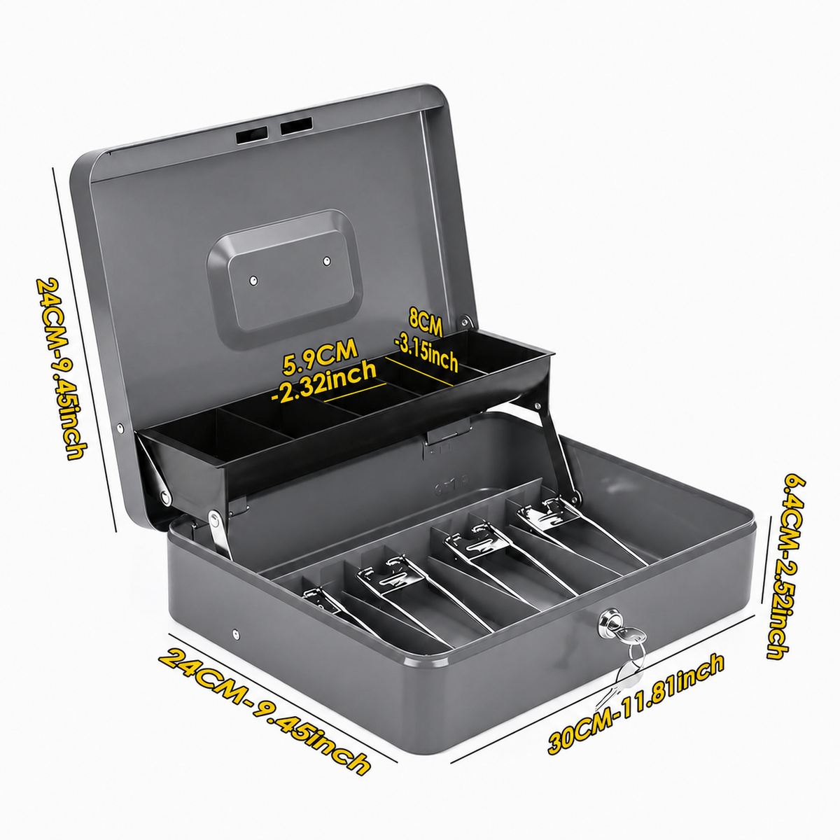 Lockable Metal Cash Box with 2 Keys, 4 Bill & 5 Coin Tray, Security Money Box with Anti-Loss Rope