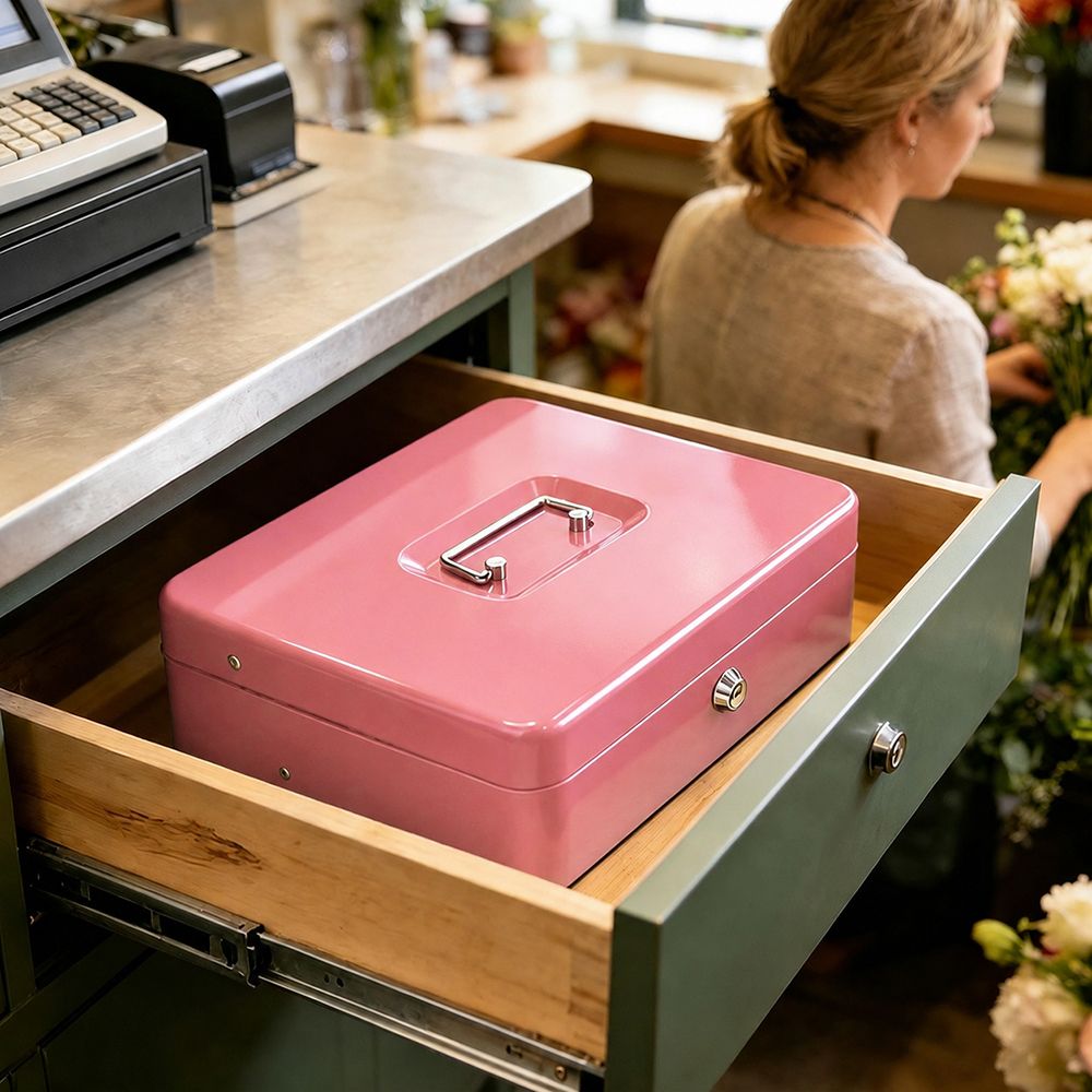 Lockable Metal Cash Box with 2 Keys, 4 Bill & 5 Coin Tray, Security Money Box with Anti-Loss Rope