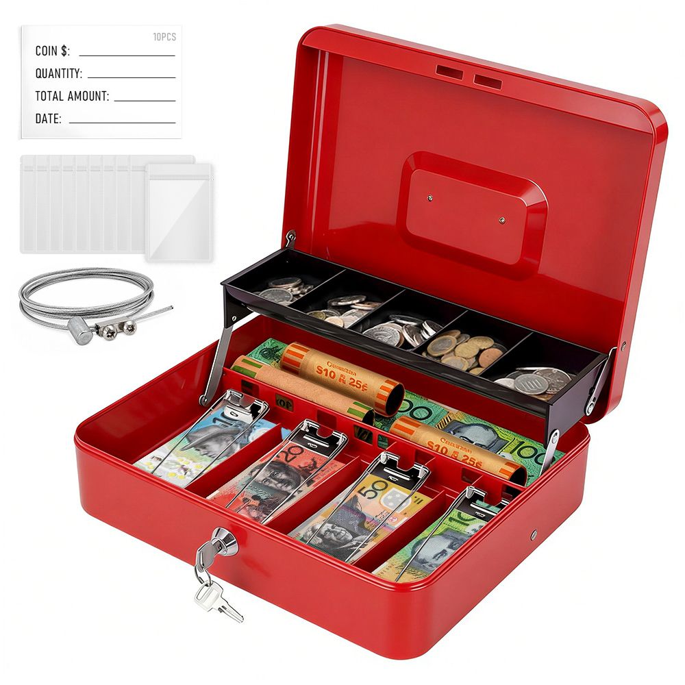 Lockable Metal Cash Box with 2 Keys, 4 Bill &amp; 5 Coin Tray, Security Money Box with Anti-Loss Rope