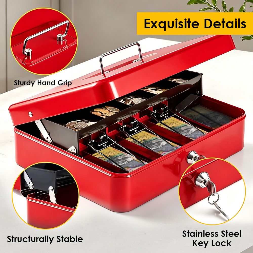 Lockable Metal Cash Box with 2 Keys, 4 Bill & 5 Coin Tray, Security Money Box with Anti-Loss Rope