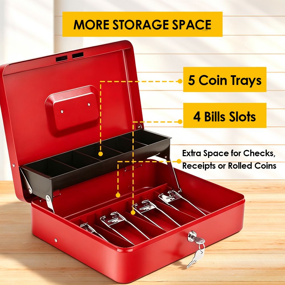 Lockable Metal Cash Box with 2 Keys, 4 Bill & 5 Coin Tray, Security Money Box with Anti-Loss Rope