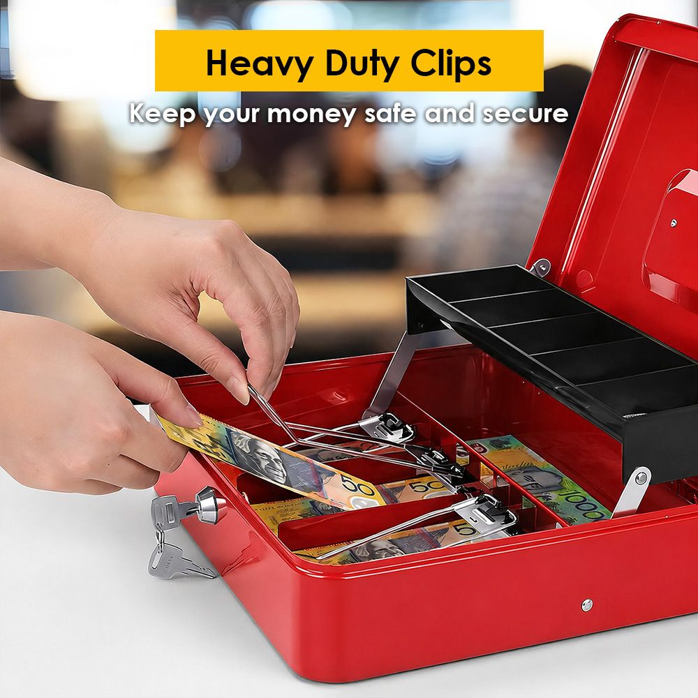 Lockable Metal Cash Box with 2 Keys, 4 Bill & 5 Coin Tray, Security Money Box with Anti-Loss Rope