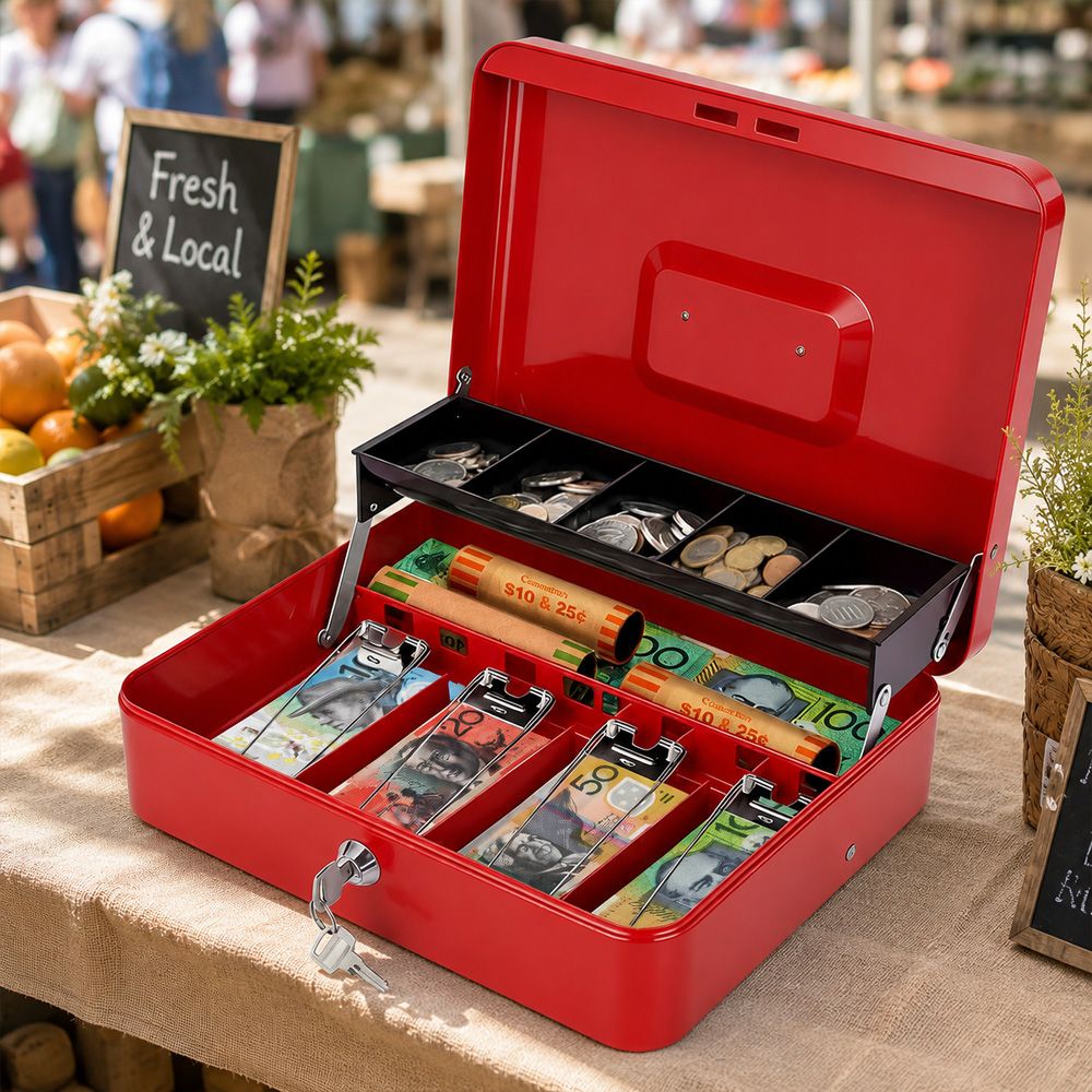 Lockable Metal Cash Box with 2 Keys, 4 Bill & 5 Coin Tray, Security Money Box with Anti-Loss Rope