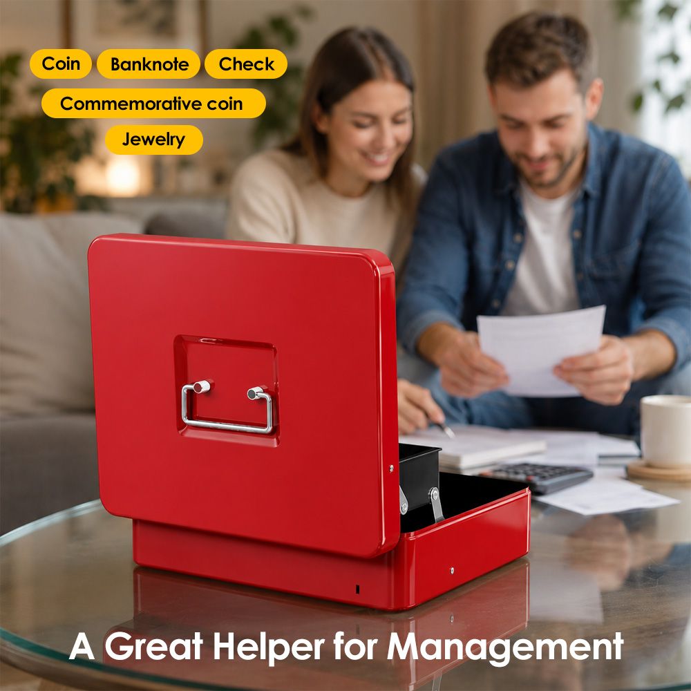 Lockable Metal Cash Box with 2 Keys, 4 Bill & 5 Coin Tray, Security Money Box with Anti-Loss Rope