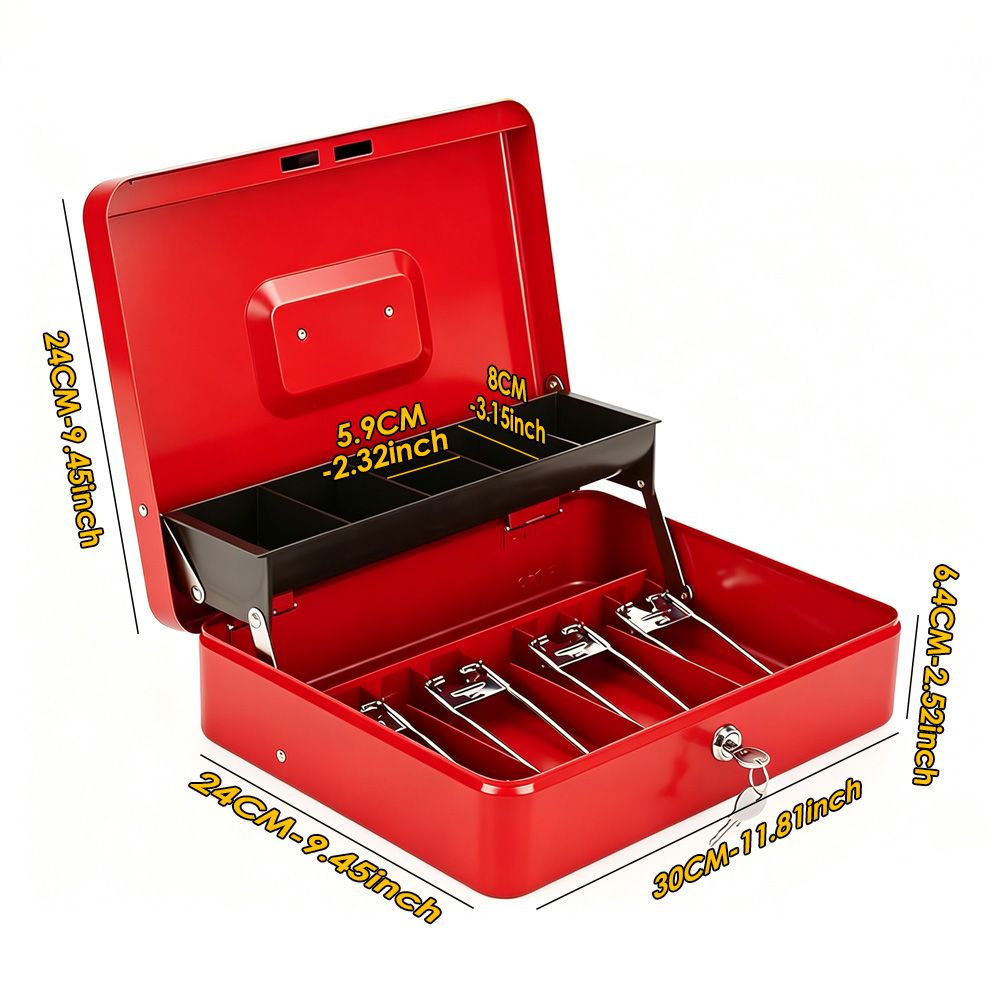Lockable Metal Cash Box with 2 Keys, 4 Bill & 5 Coin Tray, Security Money Box with Anti-Loss Rope