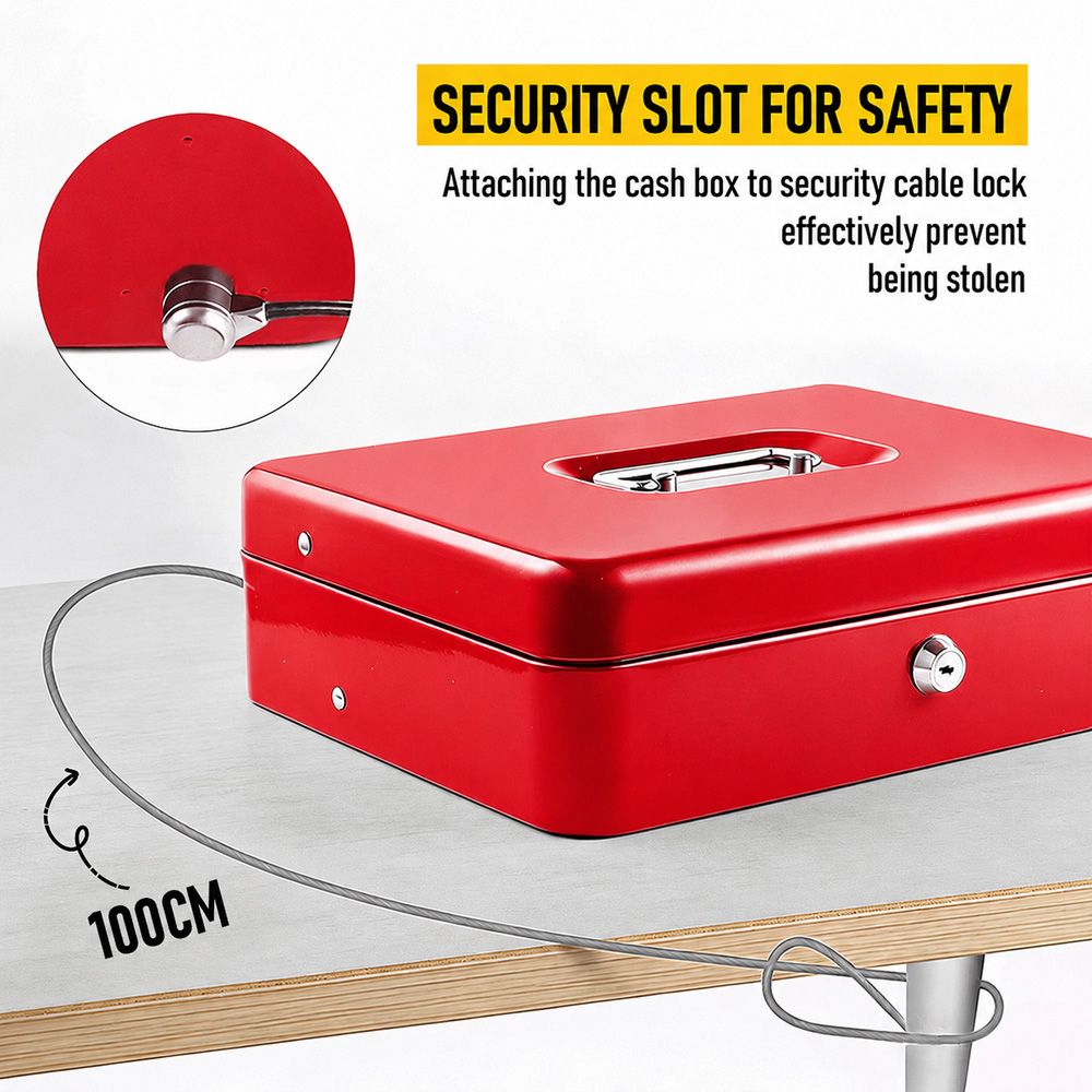Lockable Metal Cash Box with 2 Keys, 4 Bill & 5 Coin Tray, Security Money Box with Anti-Loss Rope