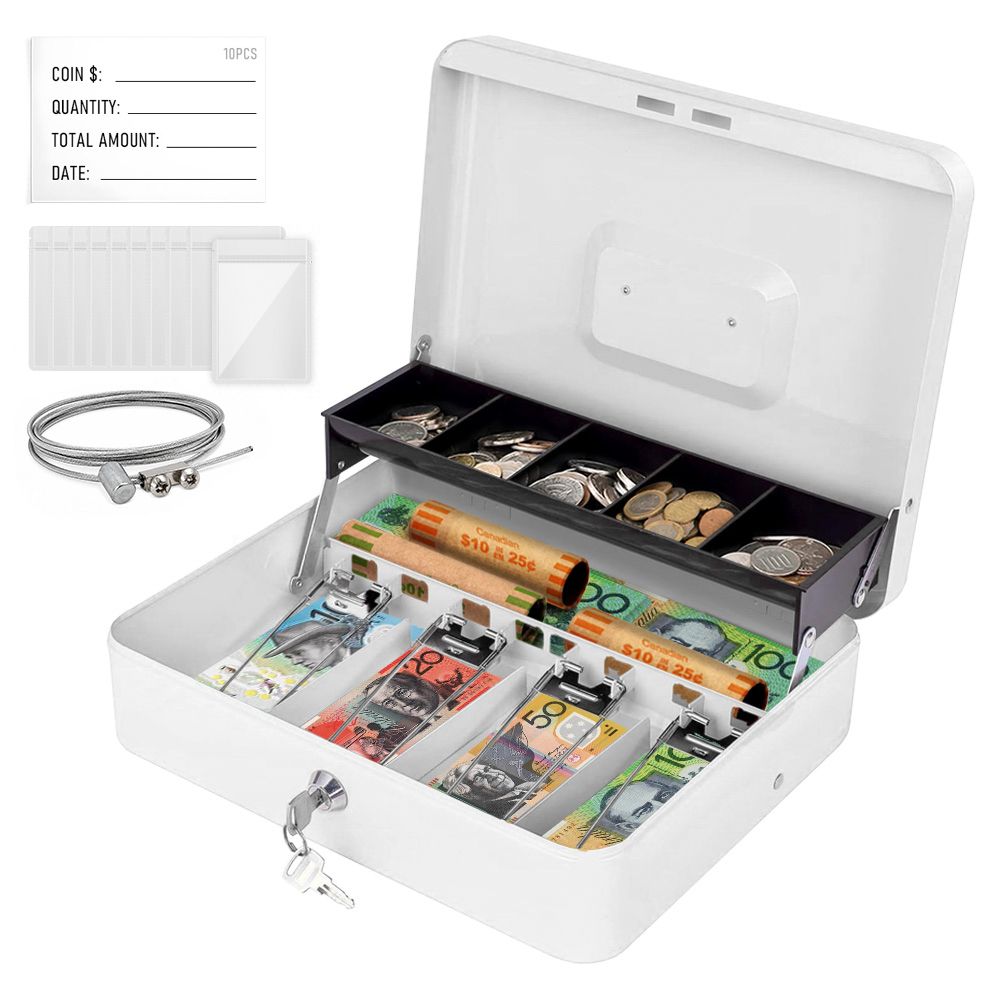 Lockable Metal Cash Box with 2 Keys, 4 Bill &amp; 5 Coin Tray, Security Money Box with Anti-Loss Rope
