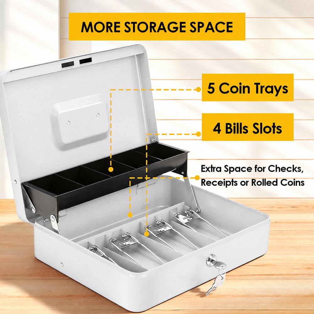 Lockable Metal Cash Box with 2 Keys, 4 Bill & 5 Coin Tray, Security Money Box with Anti-Loss Rope