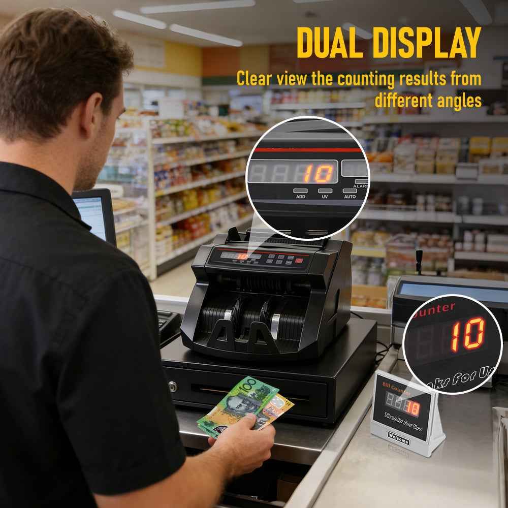 Automatic AUD Money Counter Machine With UV/MG/IR Detection, High-Speed Banknote Counter & Digital Display(29.2x24.6x17.8cm)