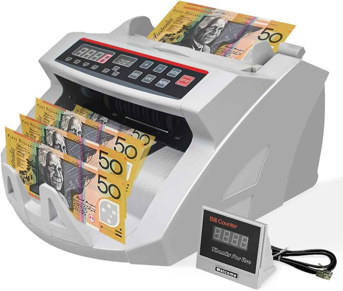 Automatic AUD Money Counter Machine with UV/MG/IR Detection, High-Speed Banknote Counter &amp; Digital Display(29.2x24.6x17.8cm)