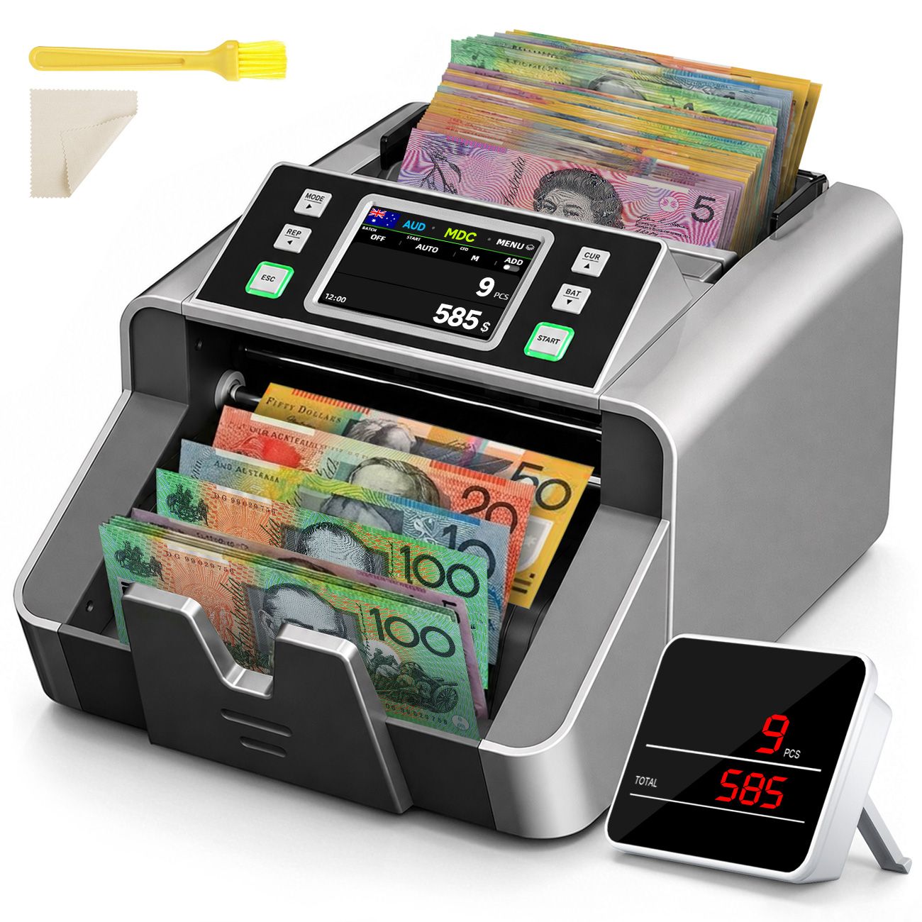 Mixed Denomination Money Counter with Counterfeit Detection, Touch Screen, and CIS/UV/MG/IR/MT, USD, AUD, EUR, CAD Cash Counter for Business, Merchant