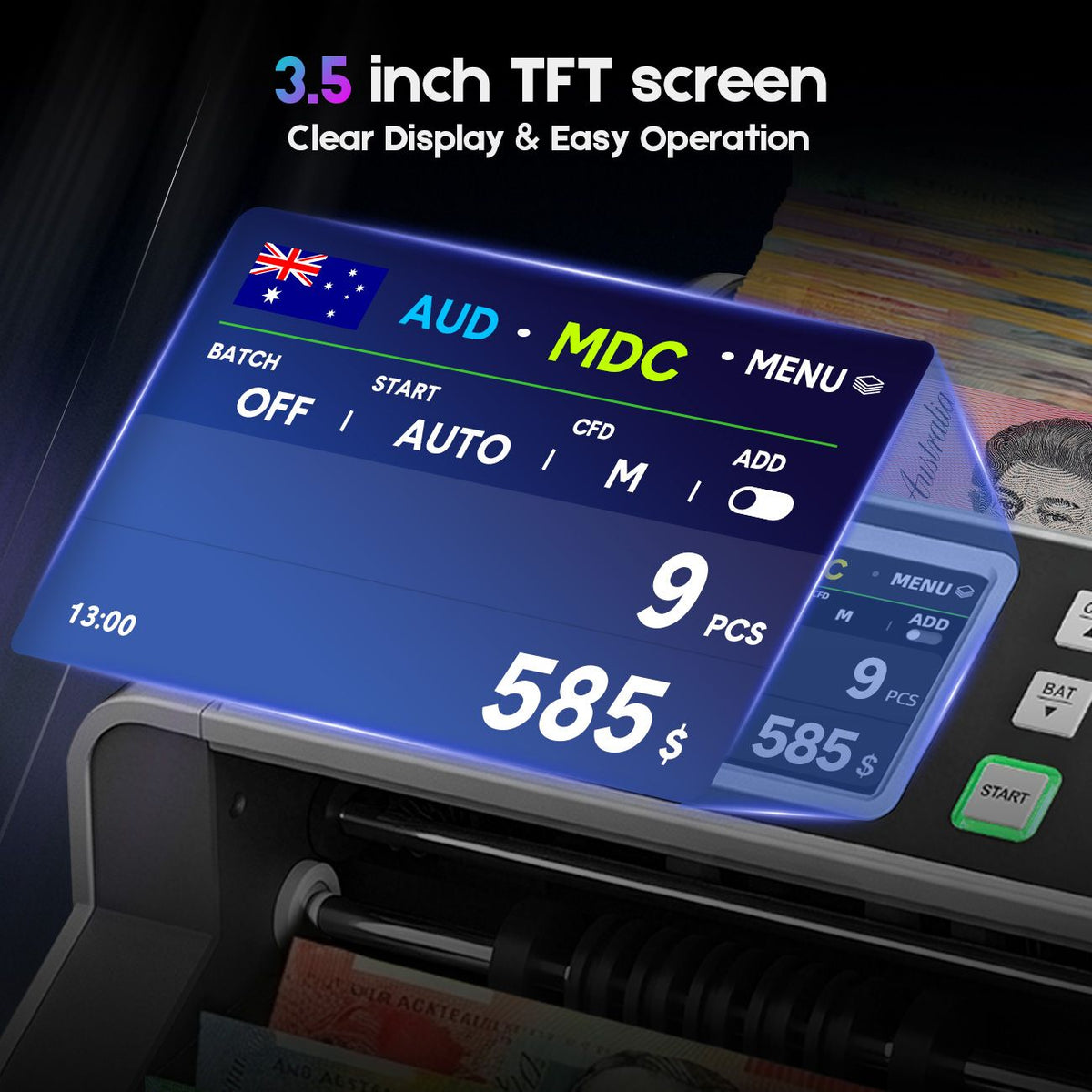 Mixed Denomination Money Counter with Counterfeit Detection, Touch Screen, and CIS/UV/MG/IR/MT, USD, AUD, EUR, CAD Cash Counter for Business, Merchant